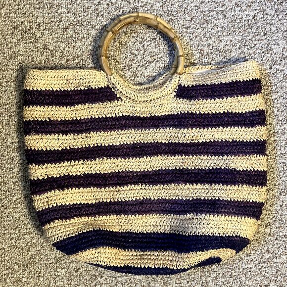 J. McLaughlin Straw Tote Bag Bamboo Handles Striped Beach Bag Lined Sea Grass - Picture 1 of 10
